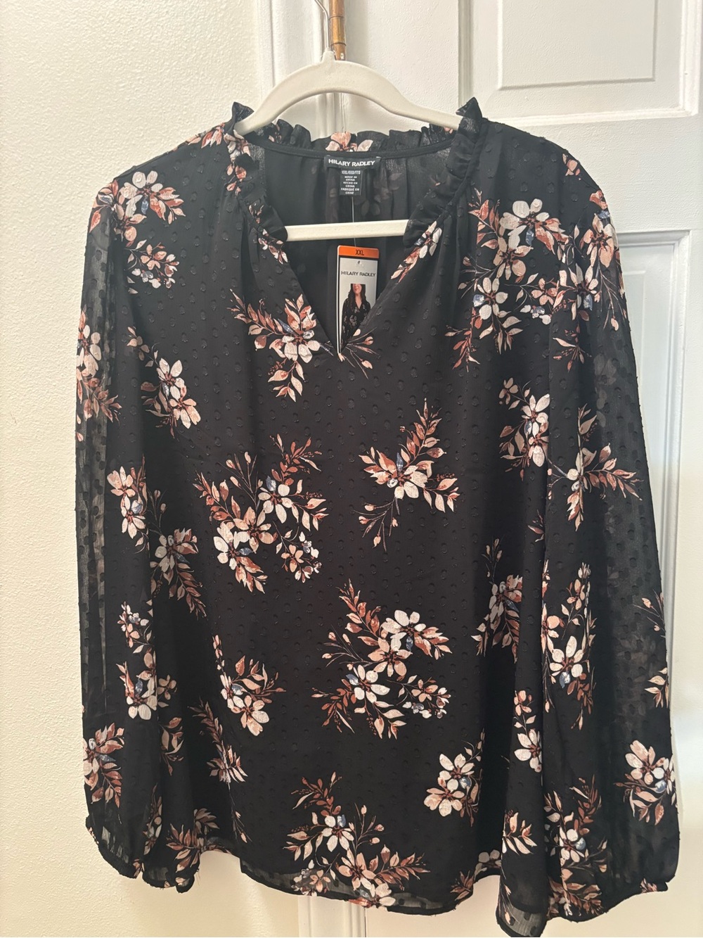 Hilary Radley Black Floral Ruffle Neck Sheer Long Sleeve Blouse
Size XXL